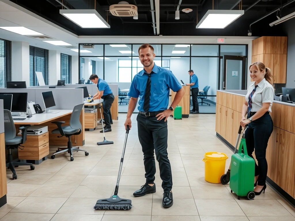 Commercial office cleaning service showing professional cleaners maintaining a modern workplace