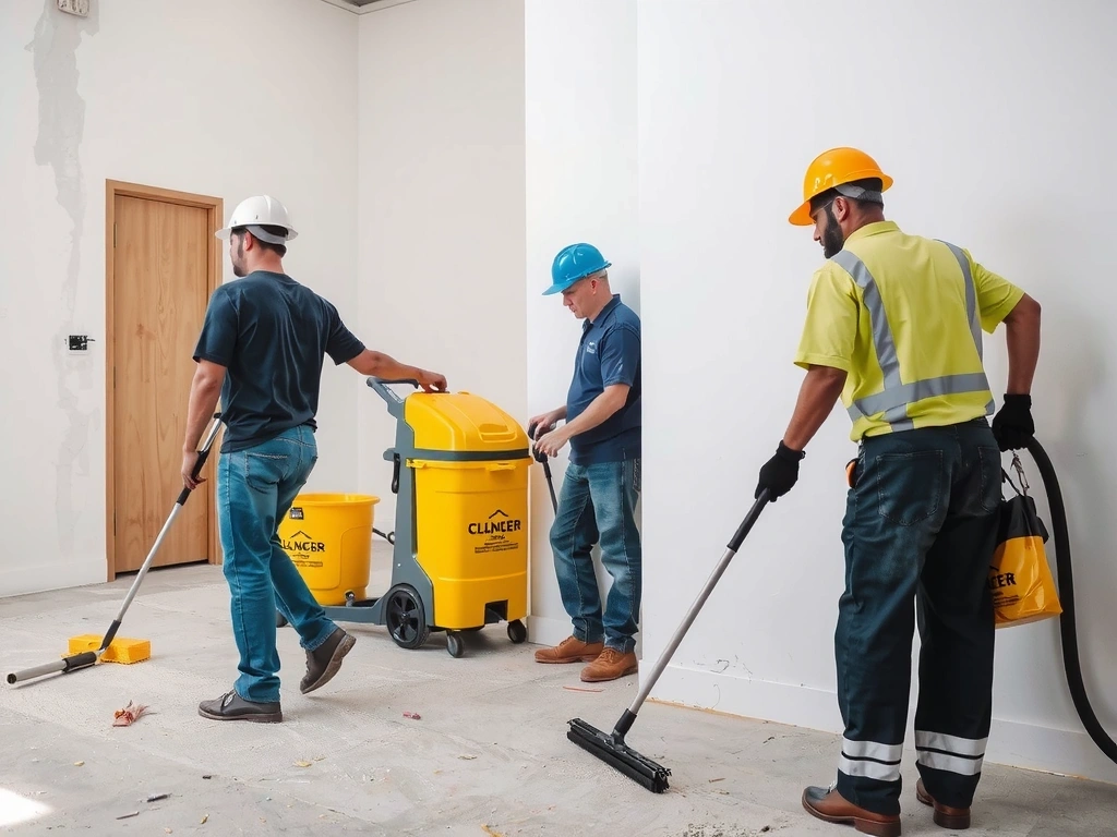 Post-construction cleanup showing removal of debris and final polishing of newly constructed or renovated spaces